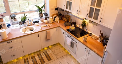 Preview: Festive Christmas decor and mess in the kitchen, cooking treats for the feast. New Year, mood, home