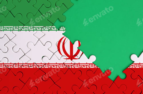 Preview: Iran flag is depicted on a completed jigsaw puzzle with free green copy space on the right side.