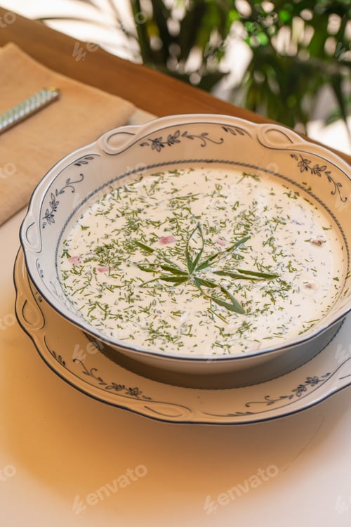 Preview: Cold okroshka soup with herbs served in bowl