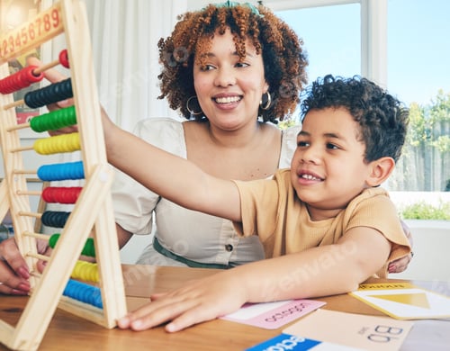 Preview: Learning, abacus and education with mother with son study for home schooling, kindergarten and tuto