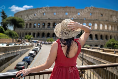 Preview: Woman Visiting the Colosseum in a Red Dress