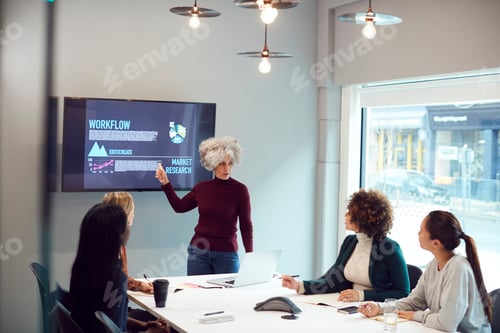 Preview: Mature Businesswoman Leading Creative Meeting Of Women Collaborating Around Table In Modern Office