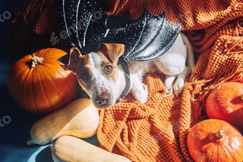 Preview: Portrait of cute Jack Russell Terrier dog wearing bat wings sitting on orange knitted blanket