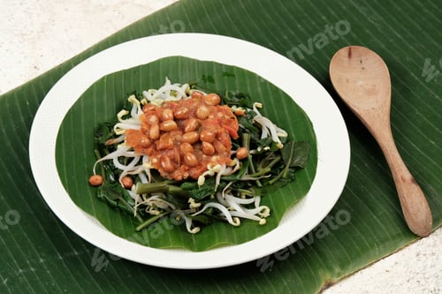 Preview: Plecing Kangkung. Indonesian Spicy Water Spinach Dish Originated From Bali and Lombok.Boiled Water S
