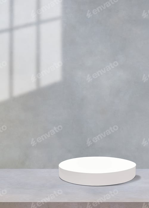 Preview: White Cylinder Podium with shadow on Concrete Wall for product introduction presentation background