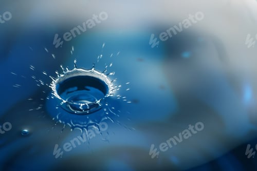 Preview: Splash of clear water with drops on blue background, closeup. Space for text