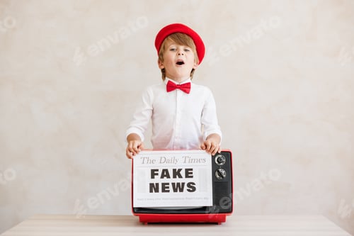 Preview: Newsboy shouting against grunge wall background. Boy selling fake news