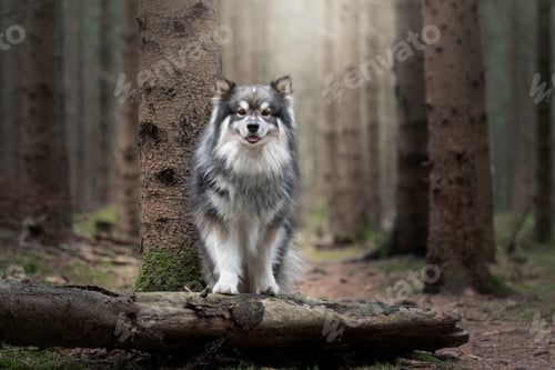 Preview: Portrait of a young Finnish Lapphund dog standing outdoors in the forest or woods