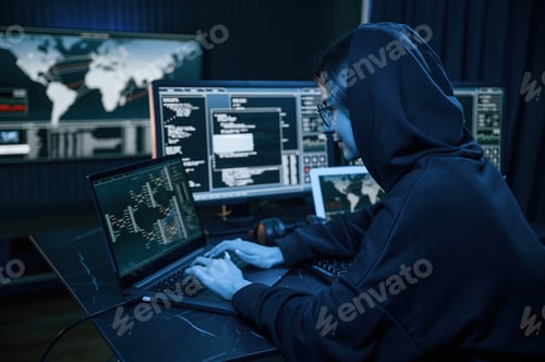 Preview: Young professional female hacker is indoors by computer with lot of information on displays