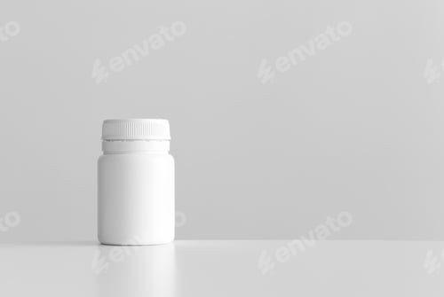 Preview: White pill bottle mockup with blank copy space on a white table.