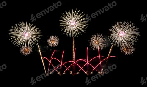 Preview: International fireworks festival display at night on black. Variety of colorful fireworks.