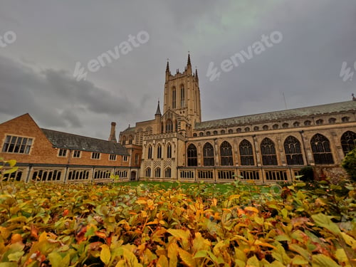 Preview: Exterior design of St Edmundsbury's Cathedral with autumn greenery in front of it under cloudy sky