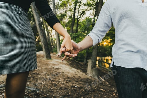 Preview: Close-up of the intertwined hands of a couple in love walking through a forest.