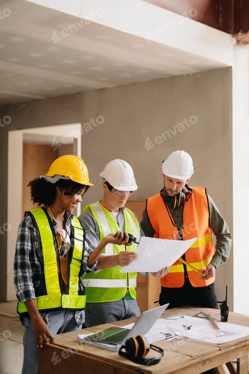 Preview: Architect caucasian man and woman working with colleagues mixed race in the construction site.
