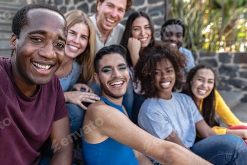 Preview: Young multiracial group of friends taking selfie sitting on urban stairs
