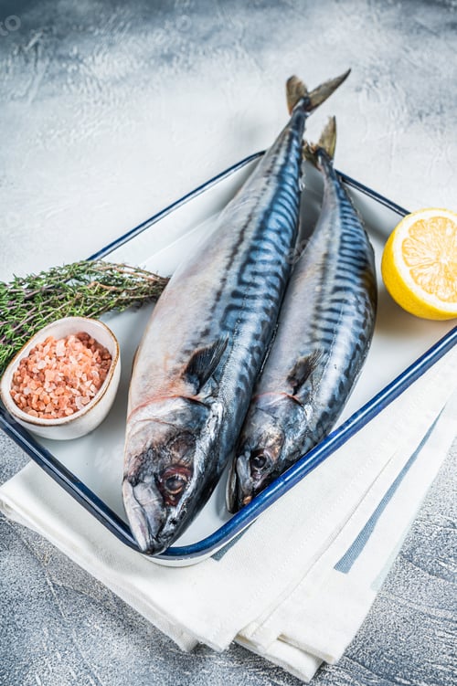 Preview: Raw mackerel scomber fish with ingredients for cooking in baking dish. White background. Top view