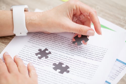 Preview: Business concept, woman close up makes up puzzle