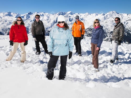 Preview: Group of friends enjoying a sunny day on the snowcovered mountains.