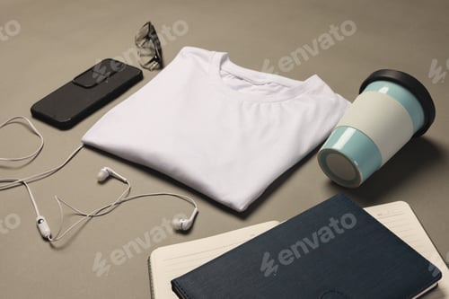 Preview: Workspace Still Life with Phone, Cup, and T-shirt