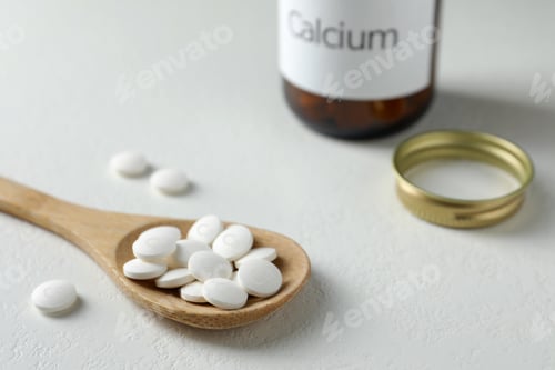 Preview: Calcium supplement pills on white table, closeup