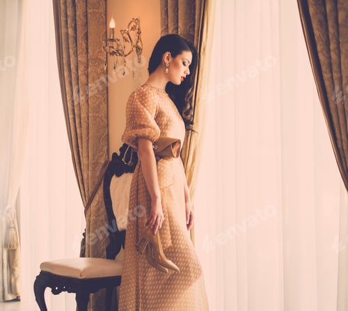 Preview: Beautiful young woman near window in luxury house interior