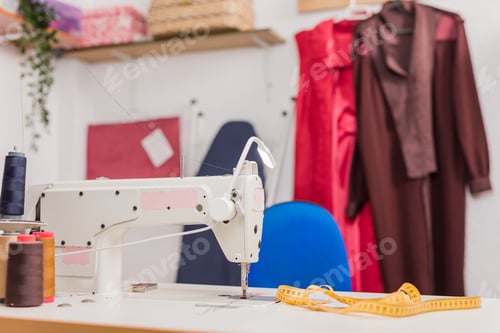 Preview: Sewing textile industry workplace atelier for hand made craft. Sewing machine with no people