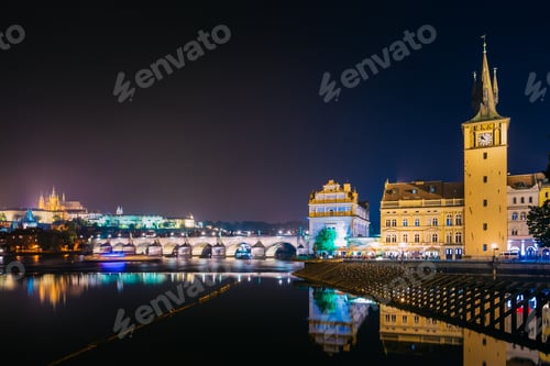 Preview: Night cityscape. Old water tower in Prague, Czech Republic