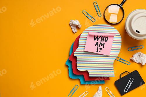 Preview: Paper heads and note with text, paper cup and office supplies on yellow background, space for text
