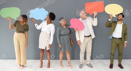 Preview: Comment, question and mockup with business people and speech bubble for logo, social media and foru