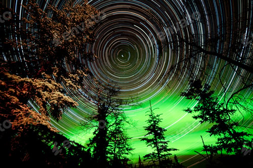 Preview: Star trails and Northern lights in sky over taiga