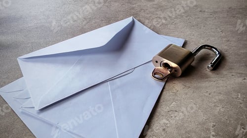 Preview: An open envelope and open metallic padlock. Email security concept.