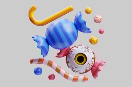 Vista previa: Composición de pescado rayado, caramelos y globo ocular decorado