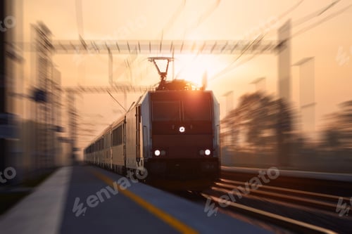 Preview: Passenger train fast passing through railroad station. Railway at sunrise with blur effect.