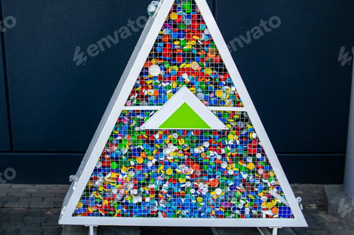 Preview: plastic bottle caps.Garbage sorting collecting littered caps recycling bin container.ecology, waste