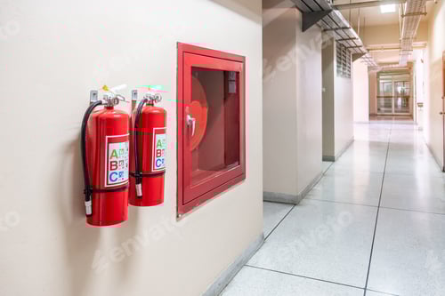 Preview: Fire extinguisher system on the wall background,