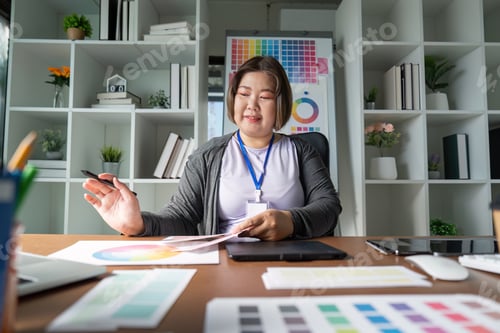 Preview: Graphic designer presenting color scheme options while sitting at her desk