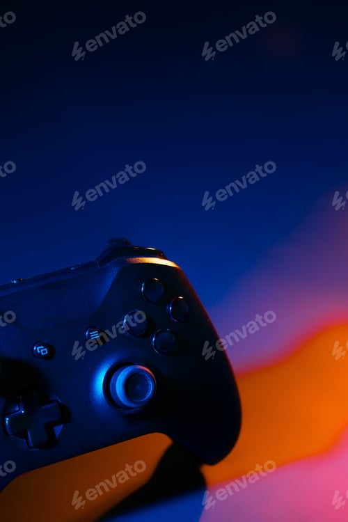 Preview: Gaming joystick on black background in neon light