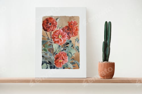 Preview: Canvas wall art on a wooden shelf with cactus