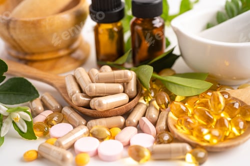 Preview: Alternative medicine herbal organic capsule with vitamin E omega 3 fish oil, mineral, drug