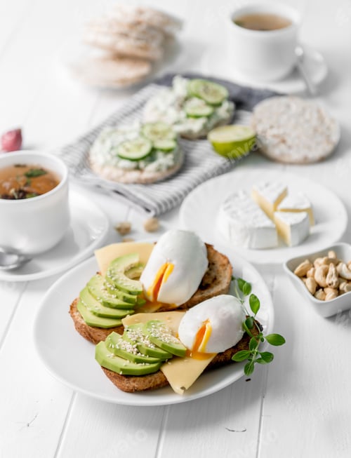 Preview: Healthy breakfast with wholebread toasts, avocado, eggs