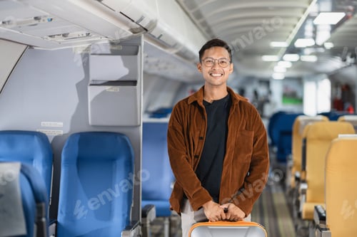 Preview: Happy male airplane travel, Portrait of woman with journey.