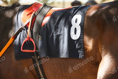 Preview: Race horse with jockey detail. Purebred in the hippodrome. Turf
