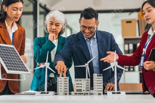 Preview: Group asian business people meeting boardroom clean energy city solutions discussing solar panels