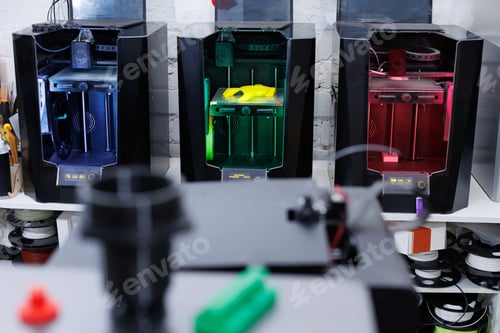 Preview: 3D printing machine. Automatic three dimensional 3d printer performs product creation.