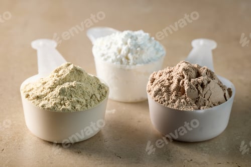 Preview: protein powder in scoops. dry mixture for preparation of sporting or dietary drink.