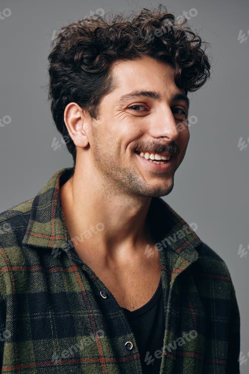 Preview: Man copyspace handsome hipster face portrait trendy caucasian expression checkered male smile