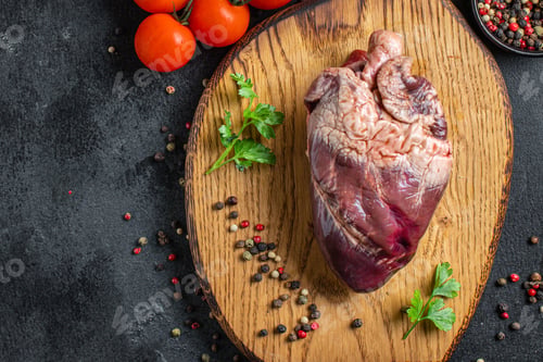 Preview: Raw Heart Offal Pork Or Beef Meat Food On The Table Healthy Meal Ingredient Top View Copy Space For