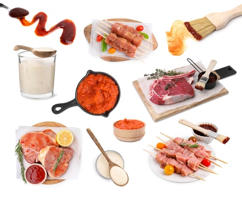 Preview: Marinade sauces and different types of marinated meat on white background, collage