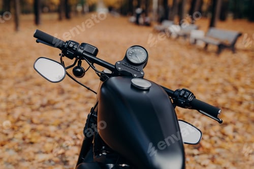 Preview: black motorcycle with speedometer, handlebar stands in autumn park