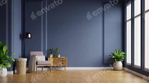 Preview: Interior of light room with armchair on empty dark blue.